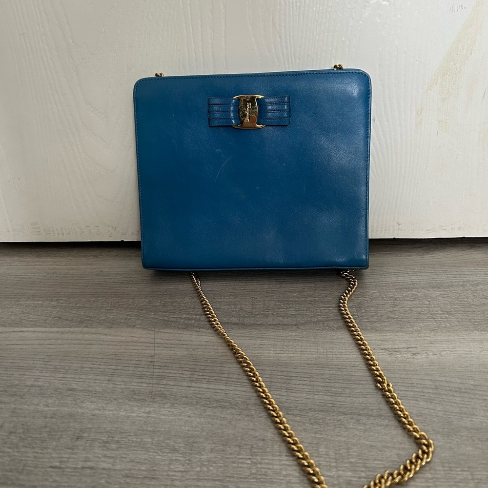 Salvatore Ferragamo Blue Leather Crossbody Bag with Gold Chain